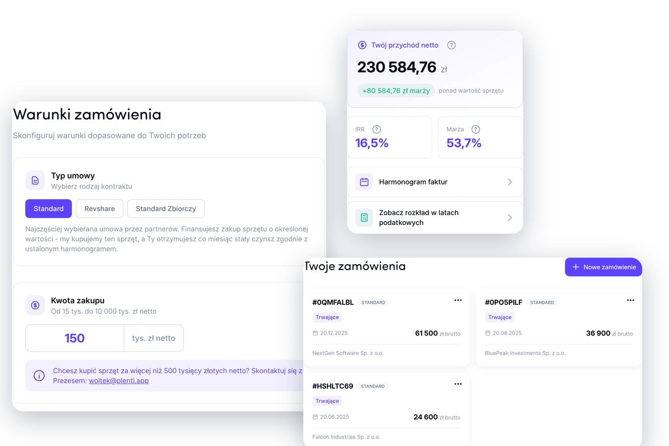 Panel PlentiPartners: wybór typu umowy, kwoty zakupu i podgląd przychodu