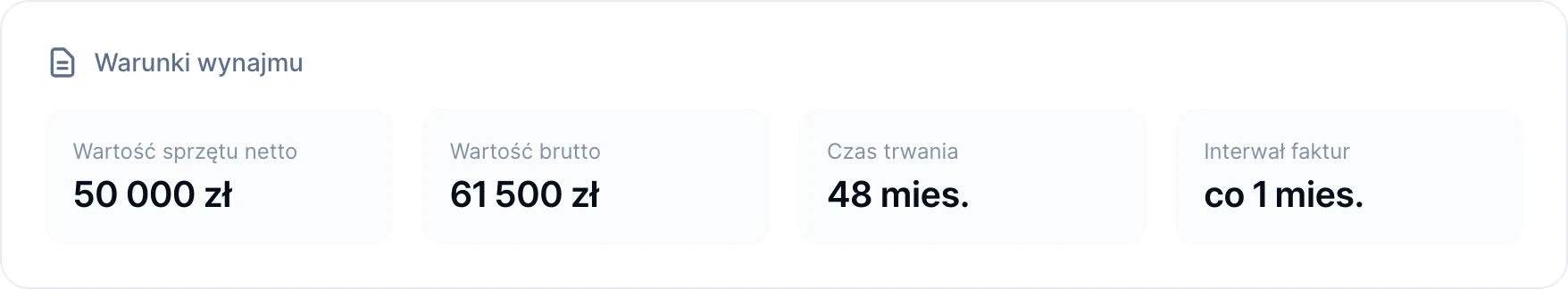 Warunki wynajmu: sprzęt o wartości 50 000 zł netto, umowa na 48 miesięcy i faktury co miesiąc.